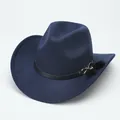 Detailed macro view of a navy blue wool felt cowboy hat with decorative black leather band - M (56-58cm) / Curved Brim Furry Belt / Navy Blue