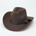 Side view of a brown woolen cowboy hat with a black leather band and fur tassels - M (56-58cm) / Curved Brim Furry Belt / Coffee