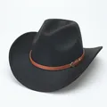 Close-up of a classic black felt cowboy hat featuring a decorative brown belt buckle band - M (56-58cm) / Curved Brim Brown Belt / Black