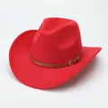 Close-up detail of a premium red wool felt cowboy hat with a brown leather buckle band. - M (56-58cm) / Curved Brim Brown Belt / Red
