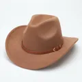 Close-up detail of a brown wool felt cowboy hat with decorative leather belt buckle. - M (56-58cm) / Curved Brim Brown Belt / Brown
