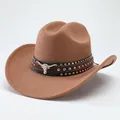 Detail of the longhorn cattle skull and silver studs on the brown wool cowboy hat band - M (56-58cm) / Type 1 Flat Crown / Brown