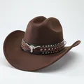 Detailed view of a brown wool felt western cowboy hat with a silver bull head buckle - M (56-58cm) / Type 1 Flat Crown / Coffee