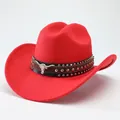 Close-up of red wool felt cowboy hat with studded band and bull head ornament - M (56-58cm) / Type 1 Flat Crown / Red