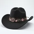 Detailed view of black wool felt cowboy hat with embroidered floral band and pink brooch - M (56-58cm) / Type 2 Flat Crown / Black