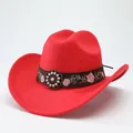 Detailed close-up of a vibrant red wool felt cowboy hat with an embroidered floral band - M (56-58cm) / Type 2 Flat Crown / Red