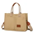 Vista detallada del bolso tote de lona beige con diseño multibolsillos y correa ancha - H 25cm A 14cm L 34cm / Caqui
