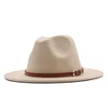 Classic beige wool felt fedora hat with brown leather belt buckle for men and women - M (56-58cm) / Flat Brim Brown Belt / Beige