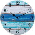Orologio da parete silenzioso a tema spiaggia con venature del legno blu e bianche - Design n. 3 / 12 pollici