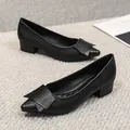 Elegant black pointed-toe professional pumps with low block heel and decorative flap - 33 / 3cm Heel Height / Black