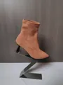 Side view detail of tan suede stretch ankle boot with pointed toe and kitten heel - 38 / Camel