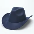 Solid navy blue wool felt cowboy hat with wide brim, classic western style design - M (56-58cm) / Curved Brim Plain / Navy Blue