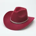 Classic burgundy wool felt western cowboy jazz hat featuring a silver chain band detail - M (56-58cm) / Curved Brim Silver Chain / Burgundy