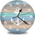 Horloge murale nautique avec ancre blanche sur des planches de bois colorées. - Design No.9 / 12 Pouces