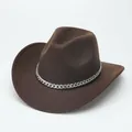 Dark brown wool felt cowboy hat with silver chain band decoration - M (56-58cm) / Curved Brim Silver Chain / Coffee