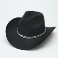 Stylish black wool felt cowboy hat featuring a sleek silver metal chain band for men and women - M (56-58cm) / Curved Brim Silver Chain / Black