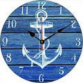 Horloge murale ancre nautique avec motif de planches de bois bleu pour la déco - Design No.13 / 10"