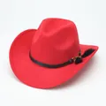 Classic red wool felt western cowboy hat featuring a black band with stylish tassel accents - M (56-58cm) / Curved Brim Furry Belt / Red