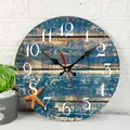 Horloge murale silencieuse thème plage avec texture bois bleu et motif étoile de mer - Design No.14 / 12 Pouces