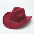 Classic burgundy wool felt western cowboy hat featuring a brown leather belt strap - M (56-58cm) / Curved Brim Brown Belt / Burgundy