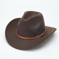 Classic brown woolen cowboy hat with a leather belt accent, western style for unisex - M (56-58cm) / 3 Curved Brim Brown Belt / Coffee