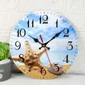 Horloge murale décorative avec paysage de plage et étoile de mer et chiffres noirs - Design No.22 / 12 Pouces