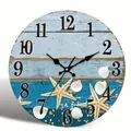 Horloge murale thème plage nautique avec étoiles de mer et coquillages sur bois bleu rustique - Design No.25 / 12 Pouces