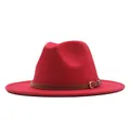 Classic red wool felt fedora hat for men and women with decorative brown leather belt - M (56-58cm) / Flat Brim Brown Belt / Red