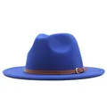 Elegant royal blue wool jazz fedora hat featuring a brown leather band and buckle - M (56-58cm) / Flat Brim Brown Belt / Sapphire Blue