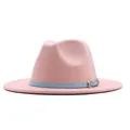 Elegant pink wool felt fedora hat featuring a stylish light blue decorative belt buckle. - M (56-58cm) / Flat Brim Sky Blue Belt / Pink