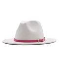 Elegant white wool felt fedora hat featuring a stylish pink decorative belt with buckle - M (56-58cm) / Flat Brim Rose Red Belt / White