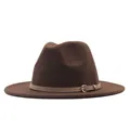 Classic brown wool fedora hat with a light brown belt buckle detail for a vintage look. - M (56-58cm) / Flat Brim Khaki Belt / Coffee