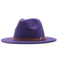 Classic purple wool fedora hat with brown leather belt buckle for men and women - M (56-58cm) / Flat Brim Brown Belt / Deep purple