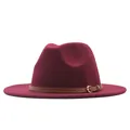 Elegant burgundy wool felt fedora hat featuring a stylish brown leather belt strap - M (56-58cm) / Flat Brim Brown Belt / Burgundy
