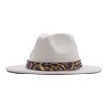 Elegant off-white woolen fedora hat featuring a stylish leopard print band decoration - M (56-58cm) / Flat Brim Leopard Belt / White