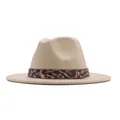 Classic khaki wool felt fedora jazz hat featuring a stylish leopard print decorative band - M (56-58cm) / Flat Brim Leopard Belt / Beige
