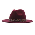 Classic wine red wool fedora hat featuring a decorative leopard print band with stud - M (56-58cm) / Flat Brim Leopard Belt / Burgundy