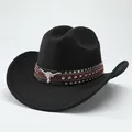 Classic black wool felt cowboy hat with a decorative bull head emblem and metal studs - M (56-58cm) / Type 1 Flat Crown / Black