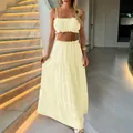 Casual summer vacation style two-piece set with camisole top and tiered yellow maxi skirt - S / Top And Bottom / Yellow