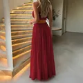 Ensemble de vacances rouge deux pièces style bohème avec débardeur et jupe longue à volants - Bordeaux