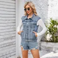 Fashionable womens light blue washed denim vest featuring front pockets and buttons - S / Tops / Blue