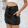 Detail view of washed black denim cargo mini skirt with large side flap pockets - S / Bottoms / Black and Gray