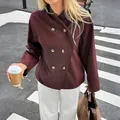 Elegant burgundy double-breasted long-sleeve suit jacket for women autumn fashion style - S / Tops / Burgundy
