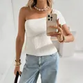 Elegant white one-shoulder slim-fit knitted top for women in French style summer wear - S / Tops / Off White
