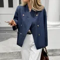 Elegant navy blue double-breasted long sleeve blazer for women, stylish autumn office outfit - S / Tops / Navy Blue