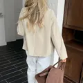 Back view of elegant beige long-sleeve blazer for women, stylish autumn outfit - S / Tops / Apricot