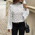 Elegant white polka dot blouse with stand collar and long puff sleeves for women. - S / Tops / White