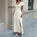 White short sleeve jacquard maxi dress with high side slit for summer vacation style - S / Dresses / Apricot