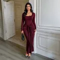 Elegant burgundy long sleeve bodycon maxi dress with front knot detail and silver heels - S / Dresses / Burgundy