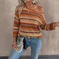 Bohemian style retro striped off-shoulder knitted top for women in warm orange tones - S / Tops / Rainbow Striped